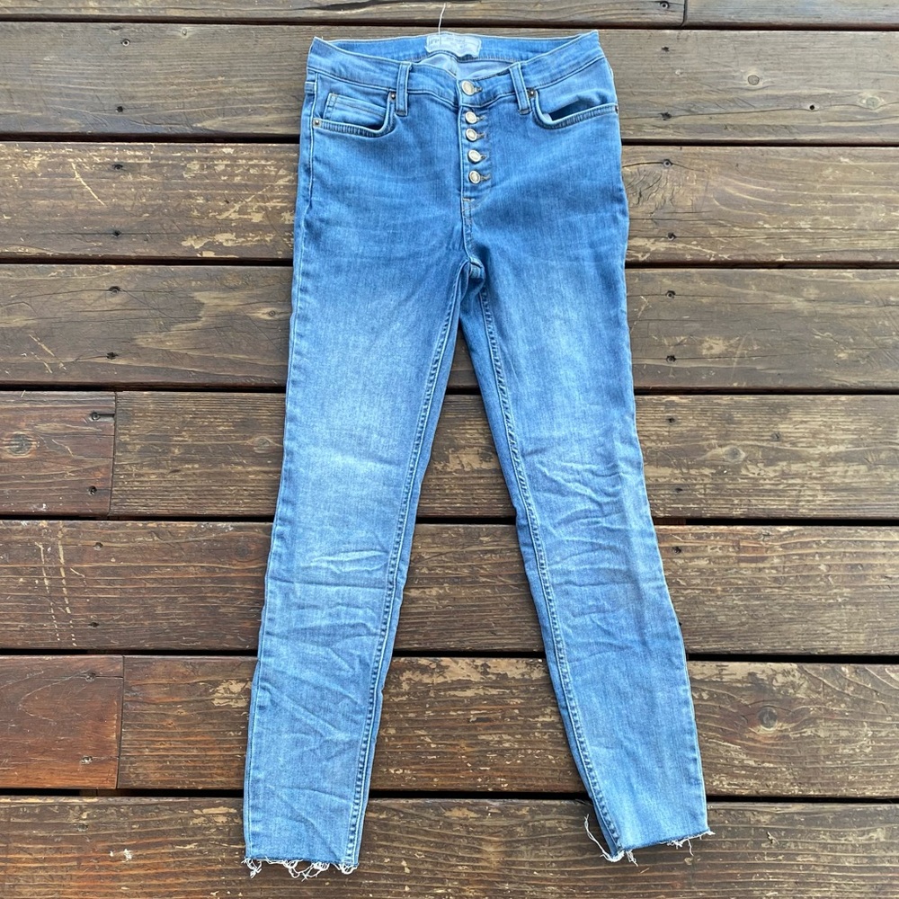 Free people button up high rise faded raw hem exposed button jeans